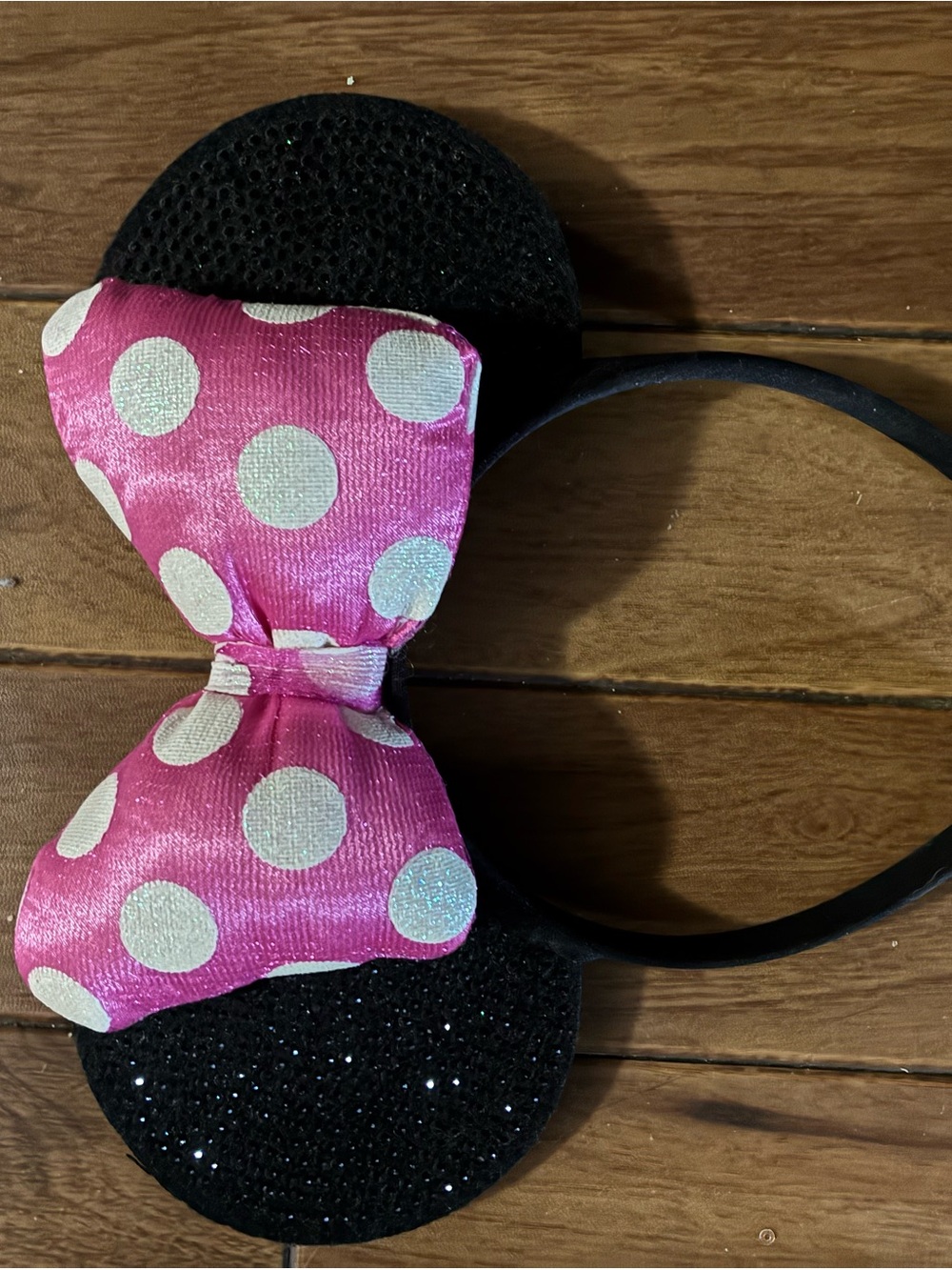 Disney Pink Polka Dot Bow Headband with Black Glitter Ears